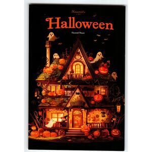 Vintage Halloween Haunted House Postcard with Pumpkins & Ghosts